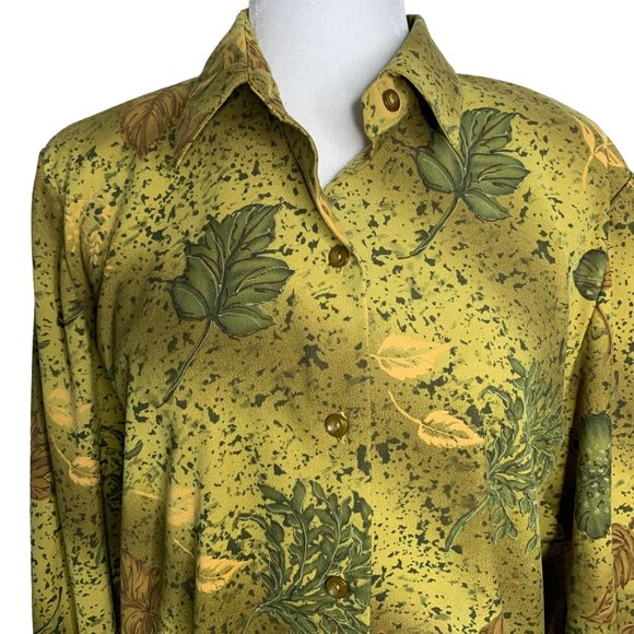 Vintage Microfiber Button Up Shirt M Green Leaves Floral Long Sleeve Collar - Picture 2 of 5